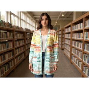 Soft Surroundings Striped Knit Cardigan Sweater Sz S open Front boho colorful